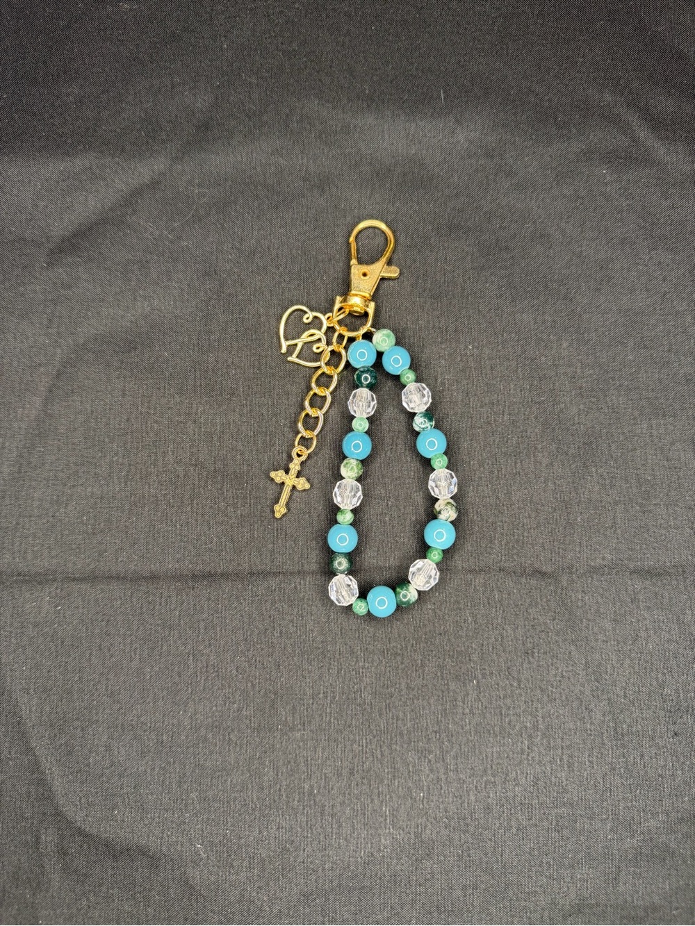 Gold-Tone Teal Beaded Keychain with Charm